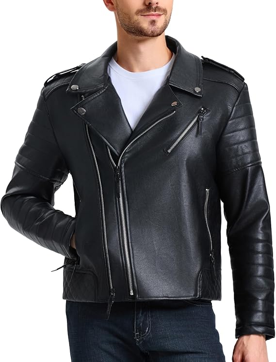 Black leather jacket worn by a person on a white background