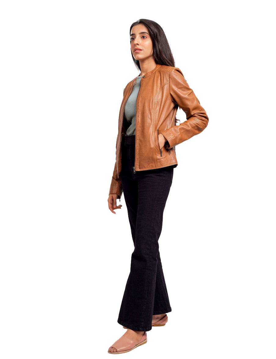 Women’s Tan Leather Jacket – Classic Biker Moto Style