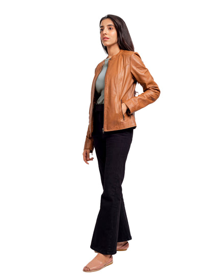 Women’s Tan Leather Jacket – Classic Biker Moto Style