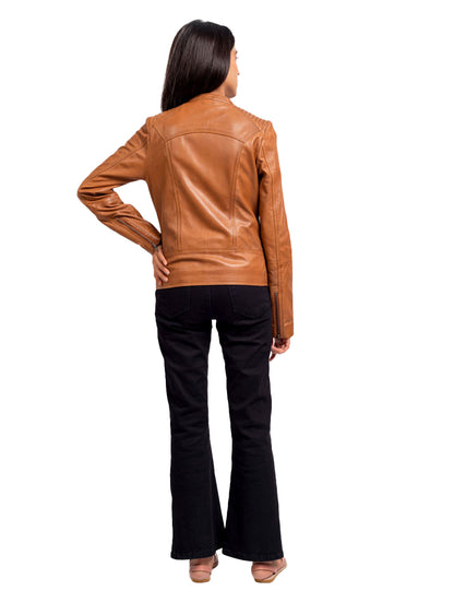 Women’s Tan Leather Jacket – Classic Biker Moto Style