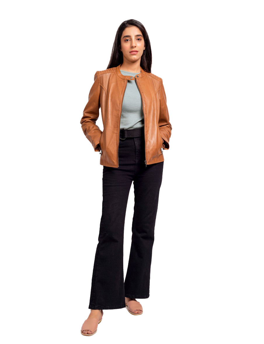 Women’s Tan Leather Jacket – Classic Biker Moto Style