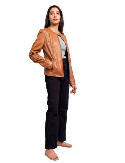 Women’s Tan Leather Jacket – Classic Biker Moto Style