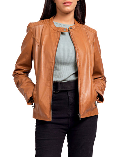 Women’s Tan Leather Jacket – Classic Biker Moto Style