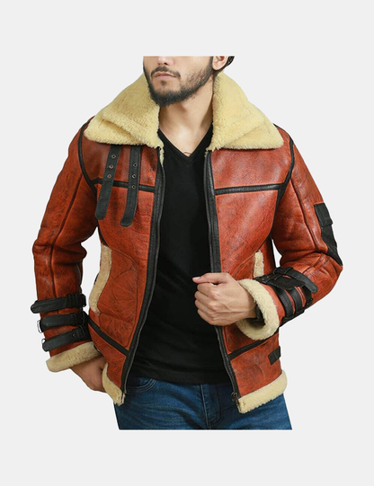 Men Shearling Sheepskin Winter leather flight Coat with Faux Fur