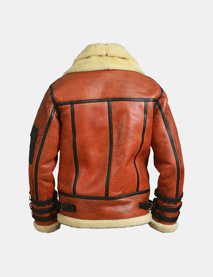 Men Shearling Sheepskin Winter leather flight Coat with Faux Fur