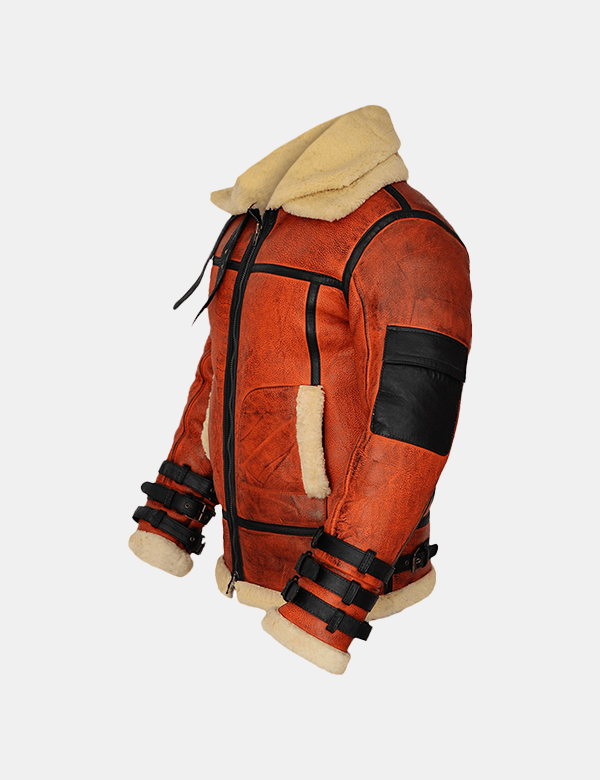 Men Shearling Sheepskin Winter leather flight Coat with Faux Fur
