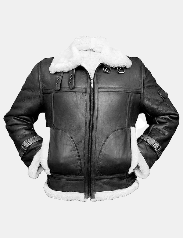 Men Black and white Leather Jacket with Faux Fur