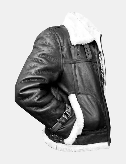 Men Black and white Leather Jacket with Faux Fur