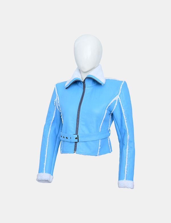 Women Blue Leather faux fur Jacket