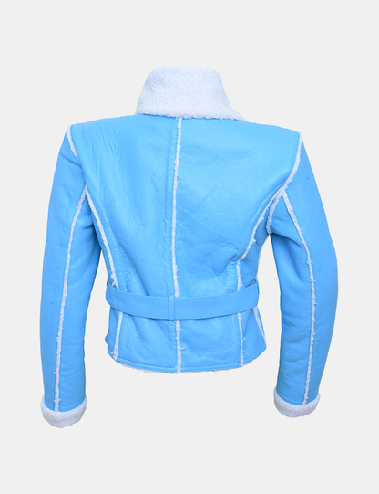 Women Blue Leather faux fur Jacket