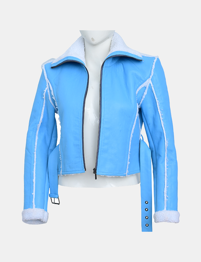 Women Blue Leather faux fur Jacket