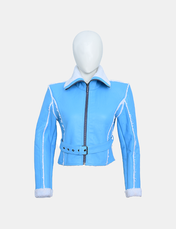 Women Blue Leather faux fur Jacket