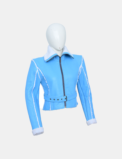 Women Blue Leather faux fur Jacket