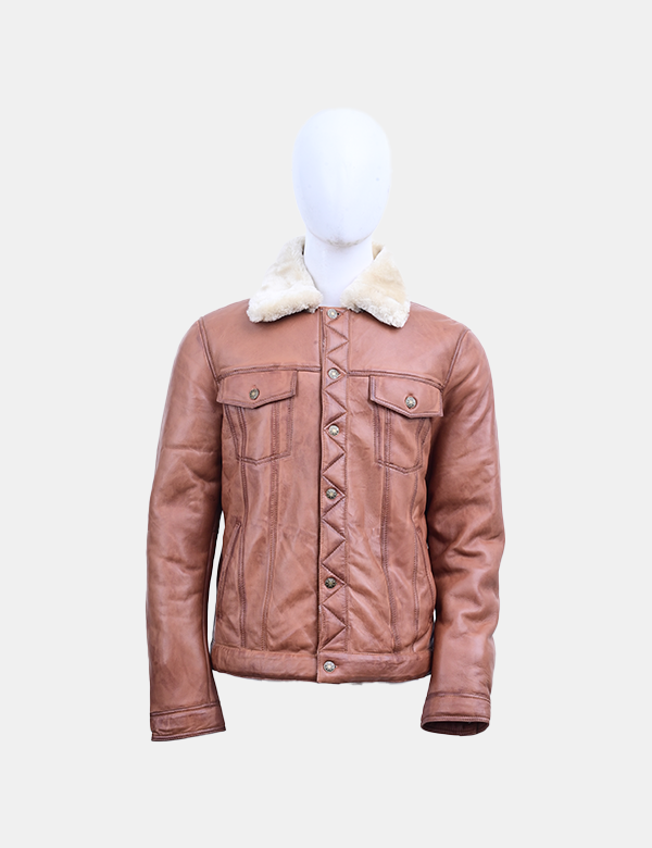 Men's Real Leather Bomber Jacket with Faux Fur