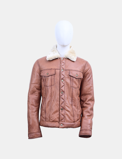 Men's Real Leather Bomber Jacket with Faux Fur