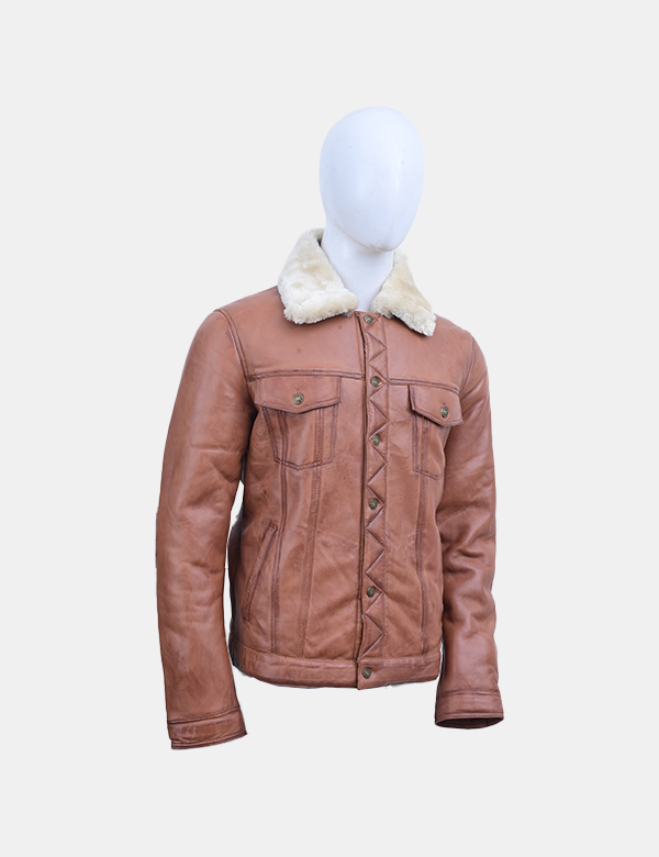 Men's Real Leather Bomber Jacket with Faux Fur