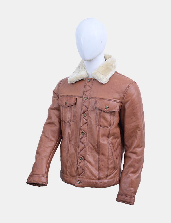 Men's Real Leather Bomber Jacket with Faux Fur