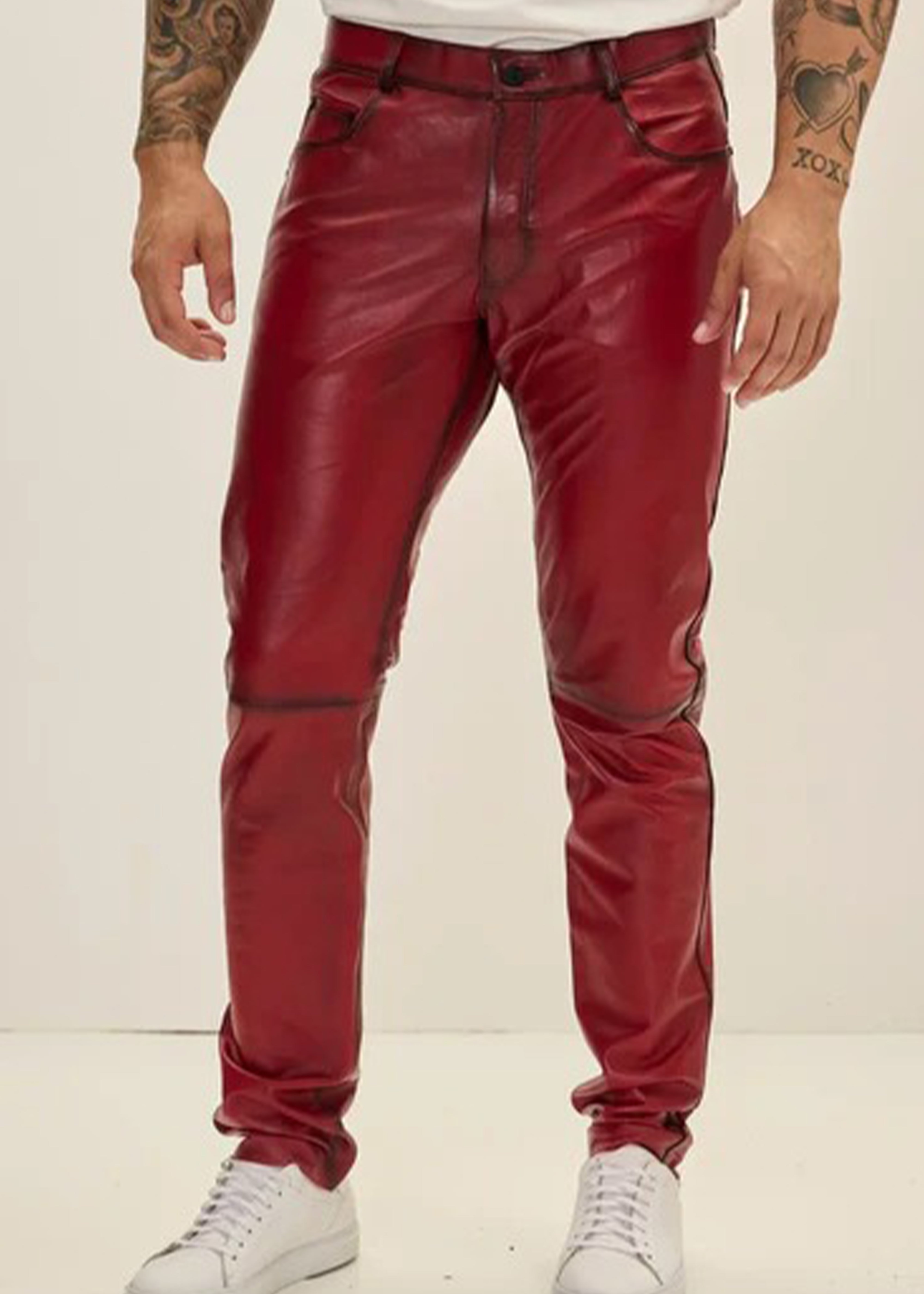 EENACRAFTS men's genuine red leather slim fit trousers, tailored stitching detail.