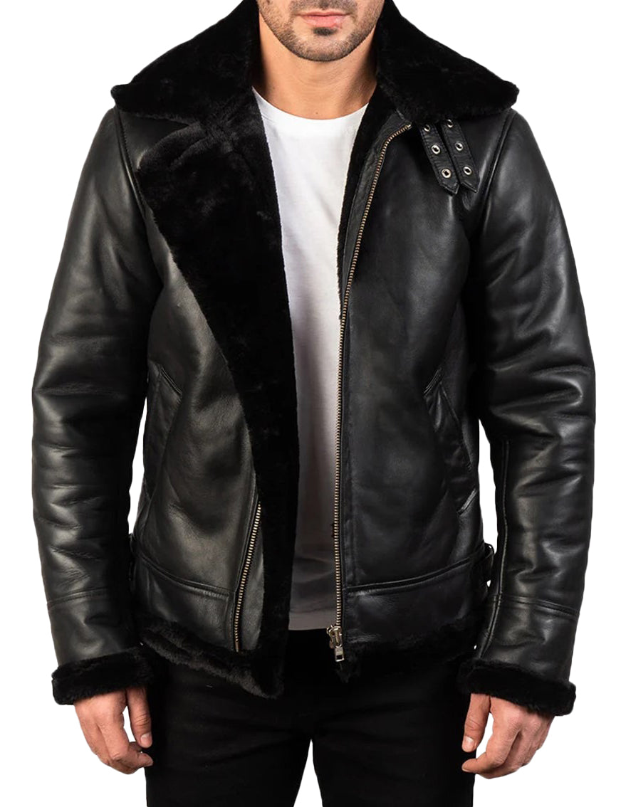 Men’s Black Leather Jacket with Faux Fur