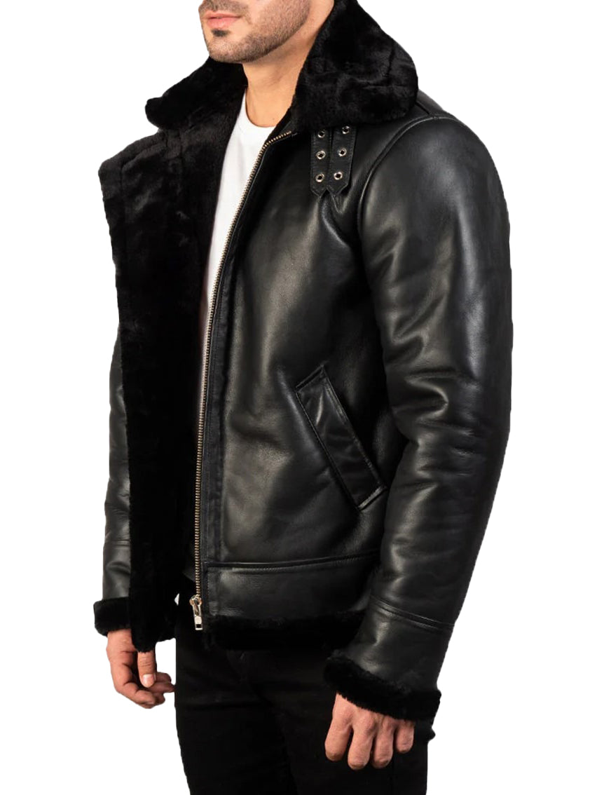 Men’s Black Leather Jacket with Faux Fur