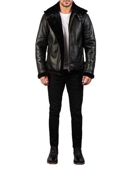 Men’s Black Leather Jacket with Faux Fur