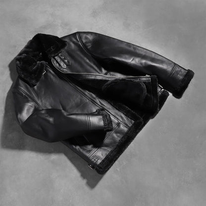 Men’s Black Leather Jacket with Faux Fur