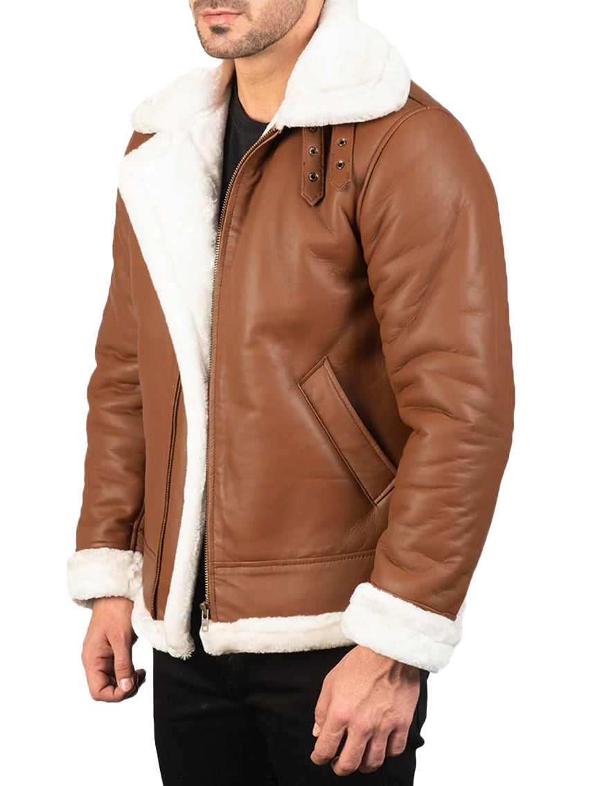 Men’s Brown & White Leather Jacket with Faux Fur