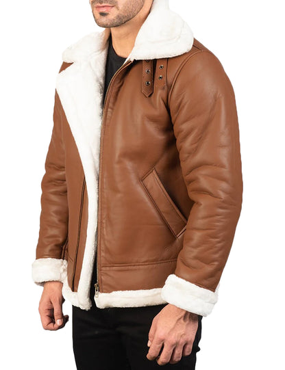 Men’s Brown & White Leather Jacket with Faux Fur
