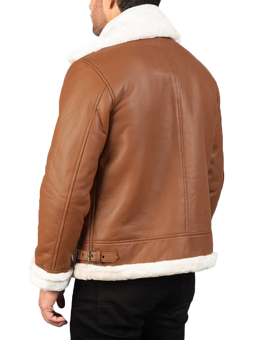 Men’s Brown & White Leather Jacket with Faux Fur