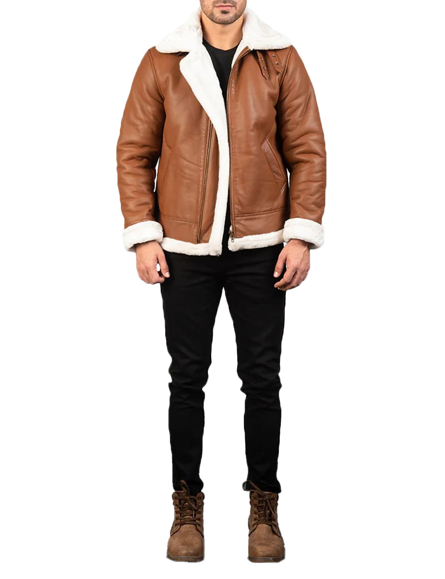 Men’s Brown & White Leather Jacket with Faux Fur