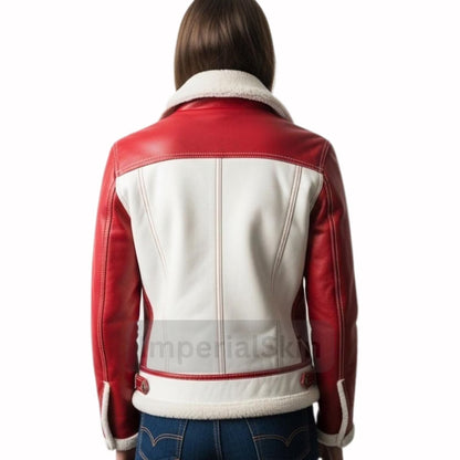 Red and white leather jacket worn by a person on a white background