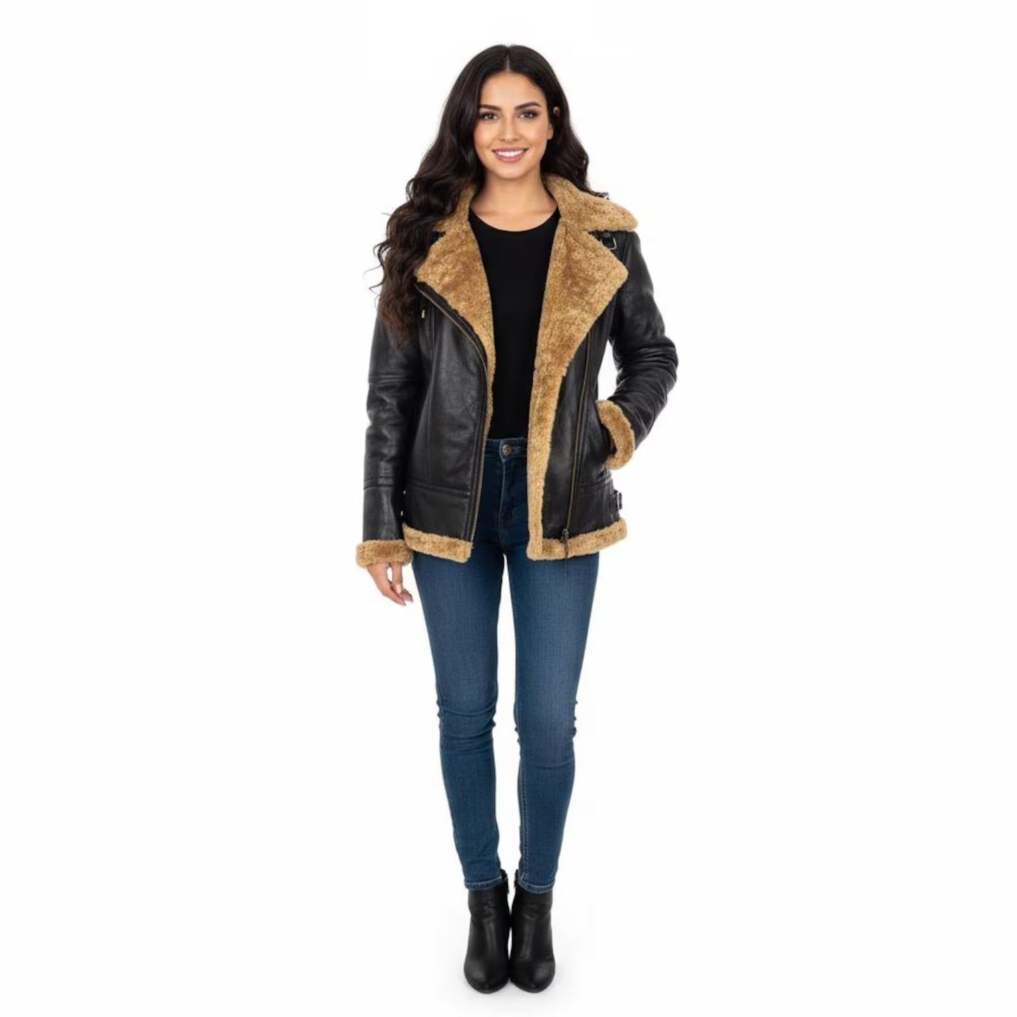Woman wearing a black leather jacket with brown fur trim on a white background